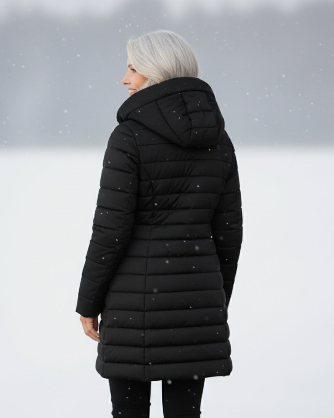 Woman wearing a black longline quilted puffer coat with a hood in a snowy outdoor setting.