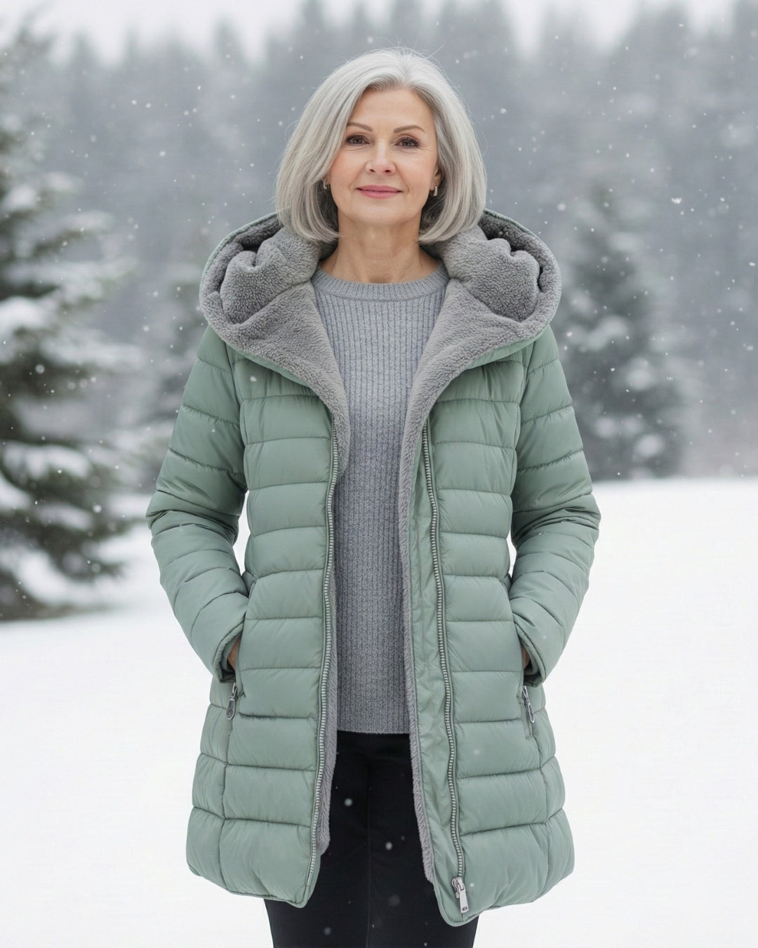 Sage green longline puffer coat with a cozy grey fleece-lined hood, worn outdoors in a snowy winter setting.