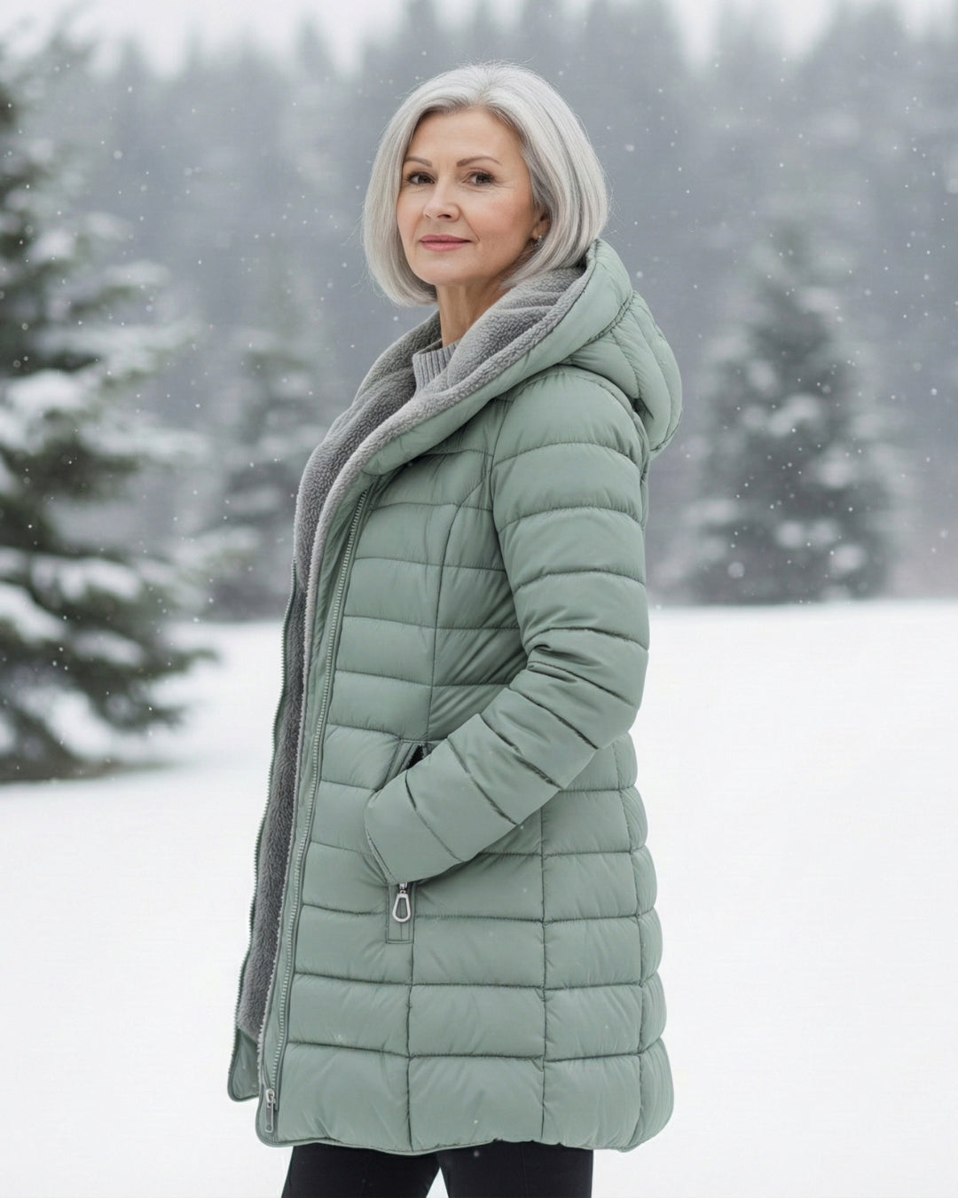 Woman wearing a sage green longline puffer coat with a cozy fleece-lined hood in a snowy outdoor setting.