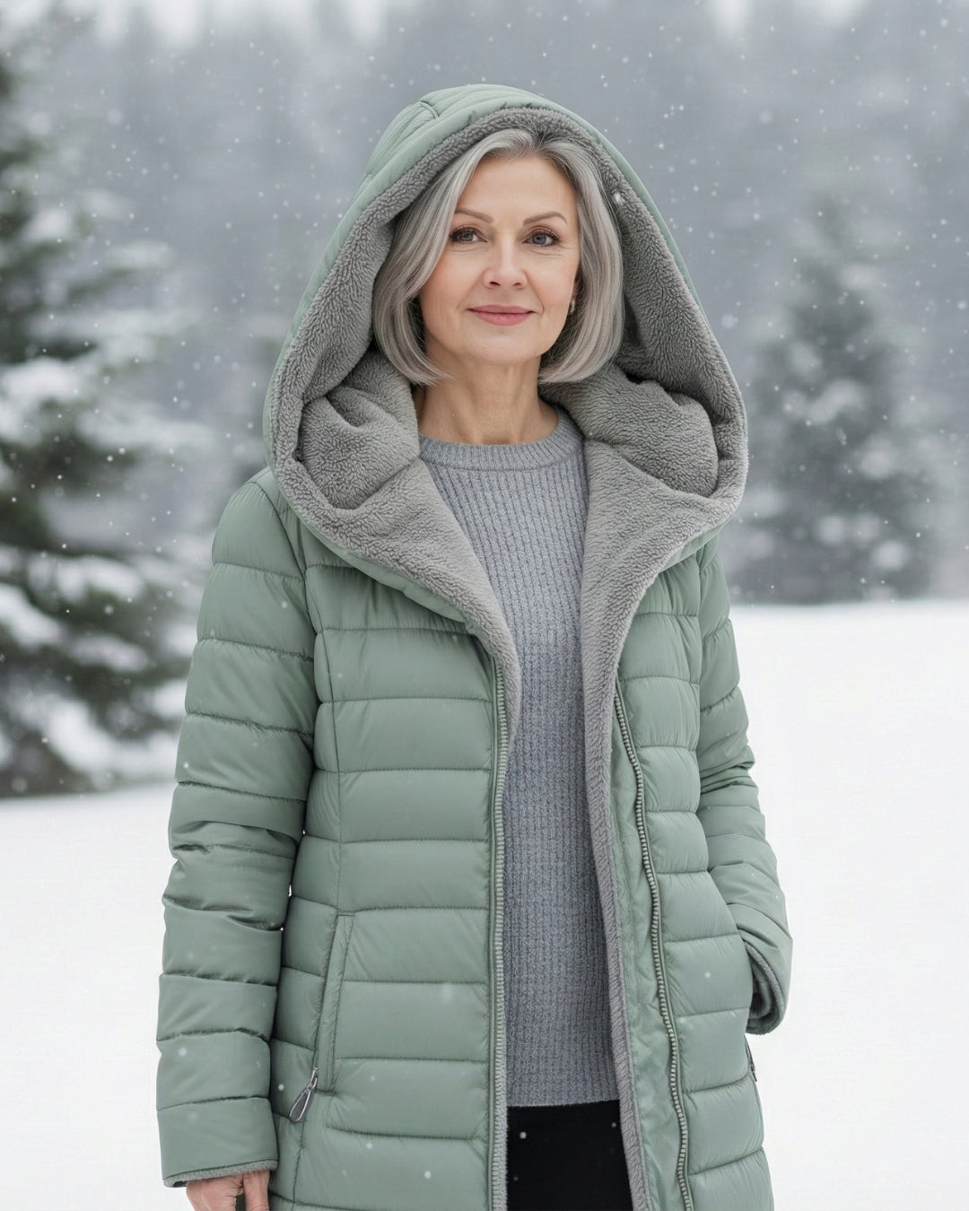 Woman wearing a sage green longline puffer coat with a cozy grey fleece-lined hood in a snowy outdoor setting.