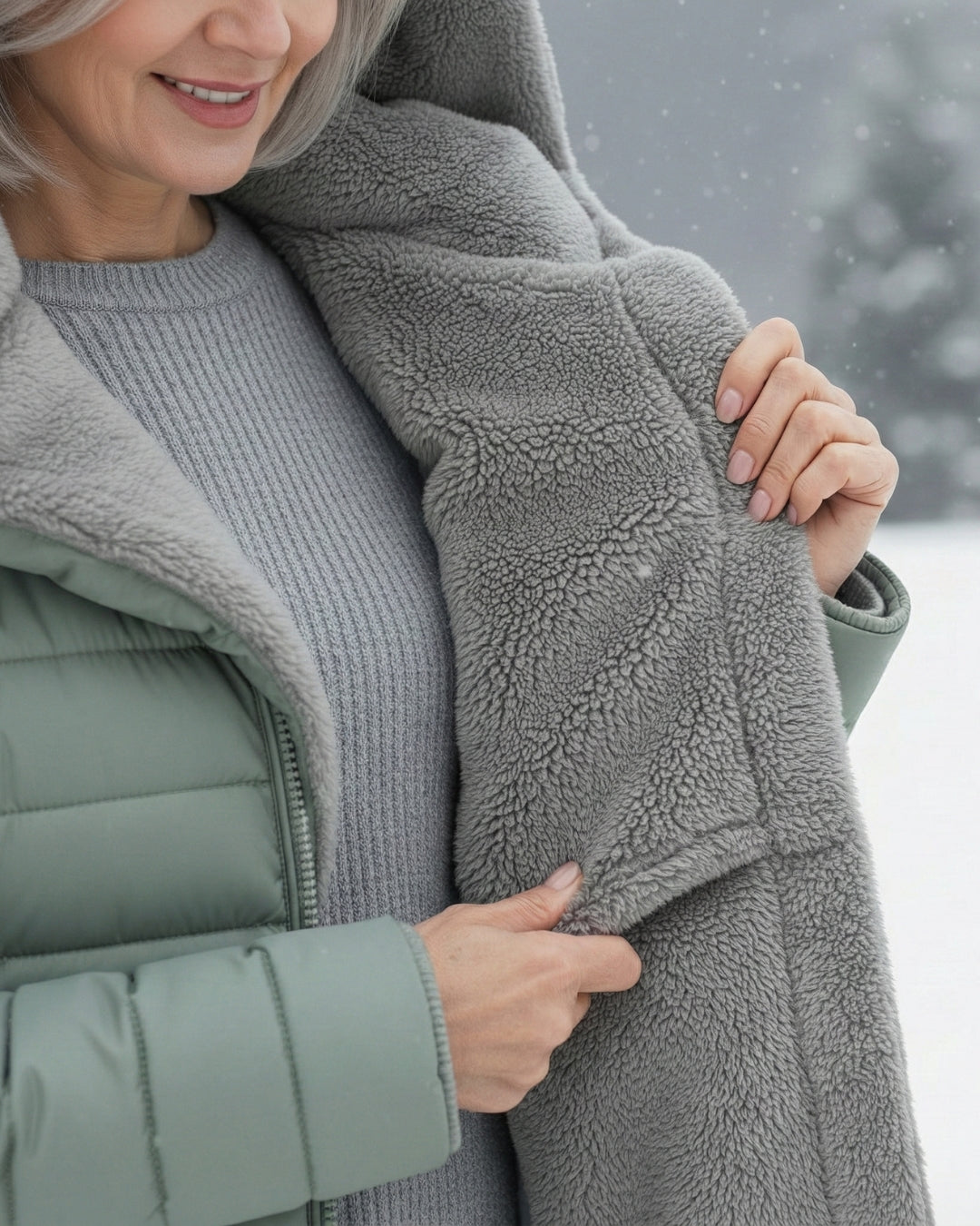 Sage green longline puffer coat featuring a soft, grey fleece-lined hood and interior for extra warmth in winter.