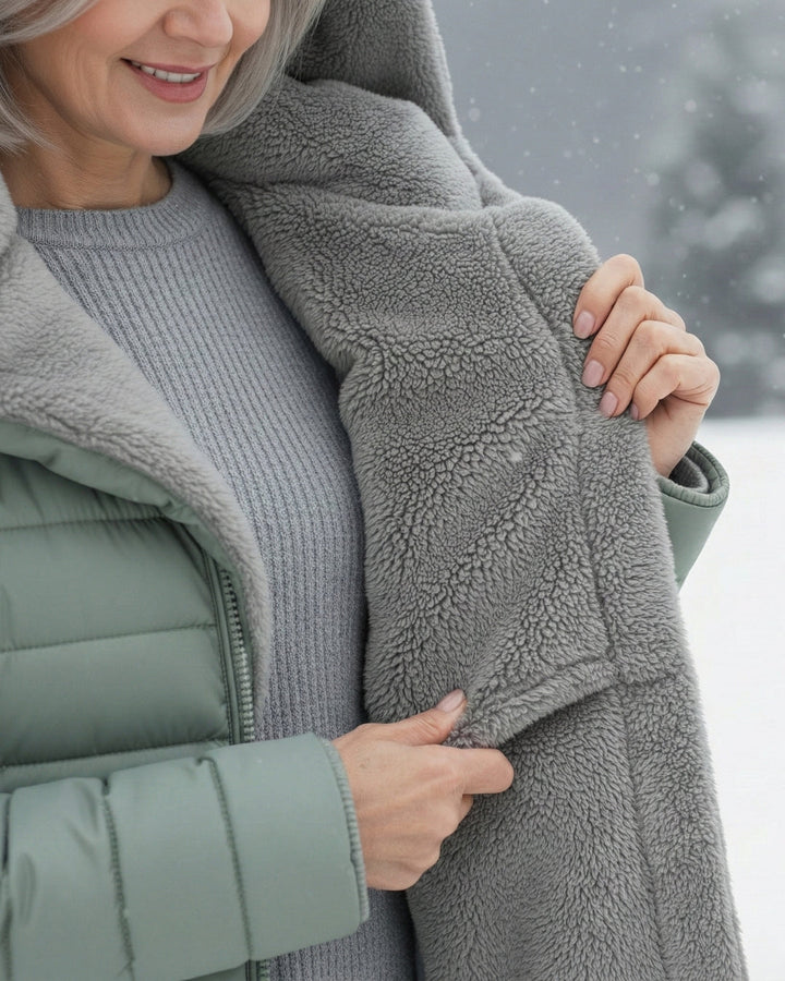 Sage green longline puffer coat featuring a soft, grey fleece-lined hood and interior for extra warmth in winter.