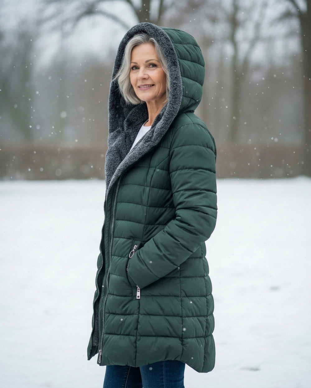 Woman wearing a longline, dark green quilted puffer coat with a cozy grey fleece-lined hood in a snowy outdoor setting.