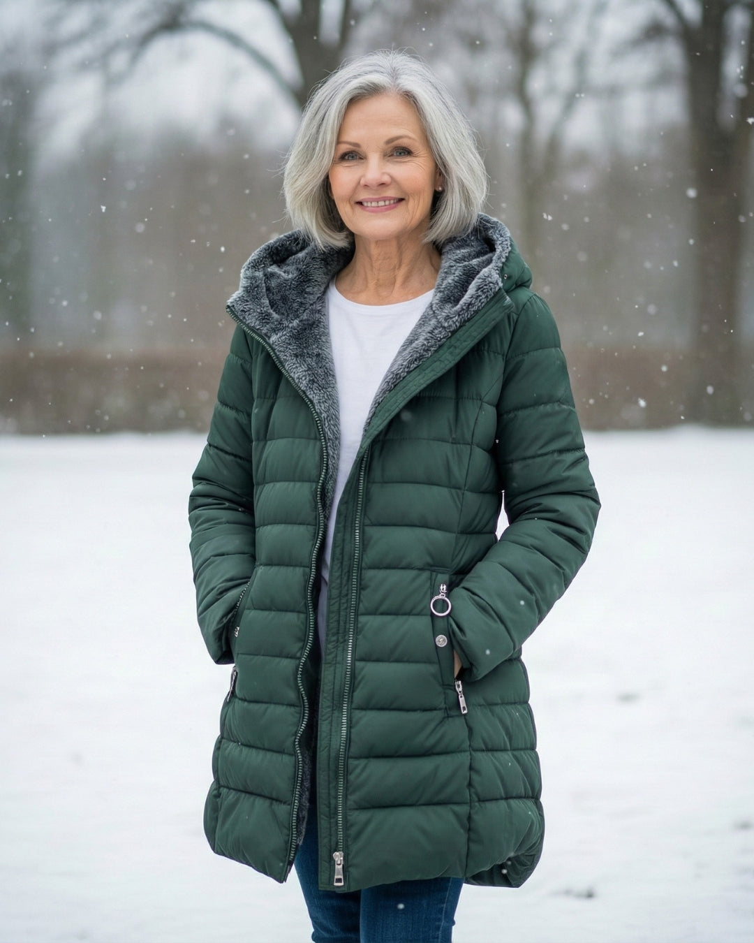 Woman wearing a dark green, longline quilted puffer coat with a cozy grey fleece-lined hood in a snowy outdoor setting.