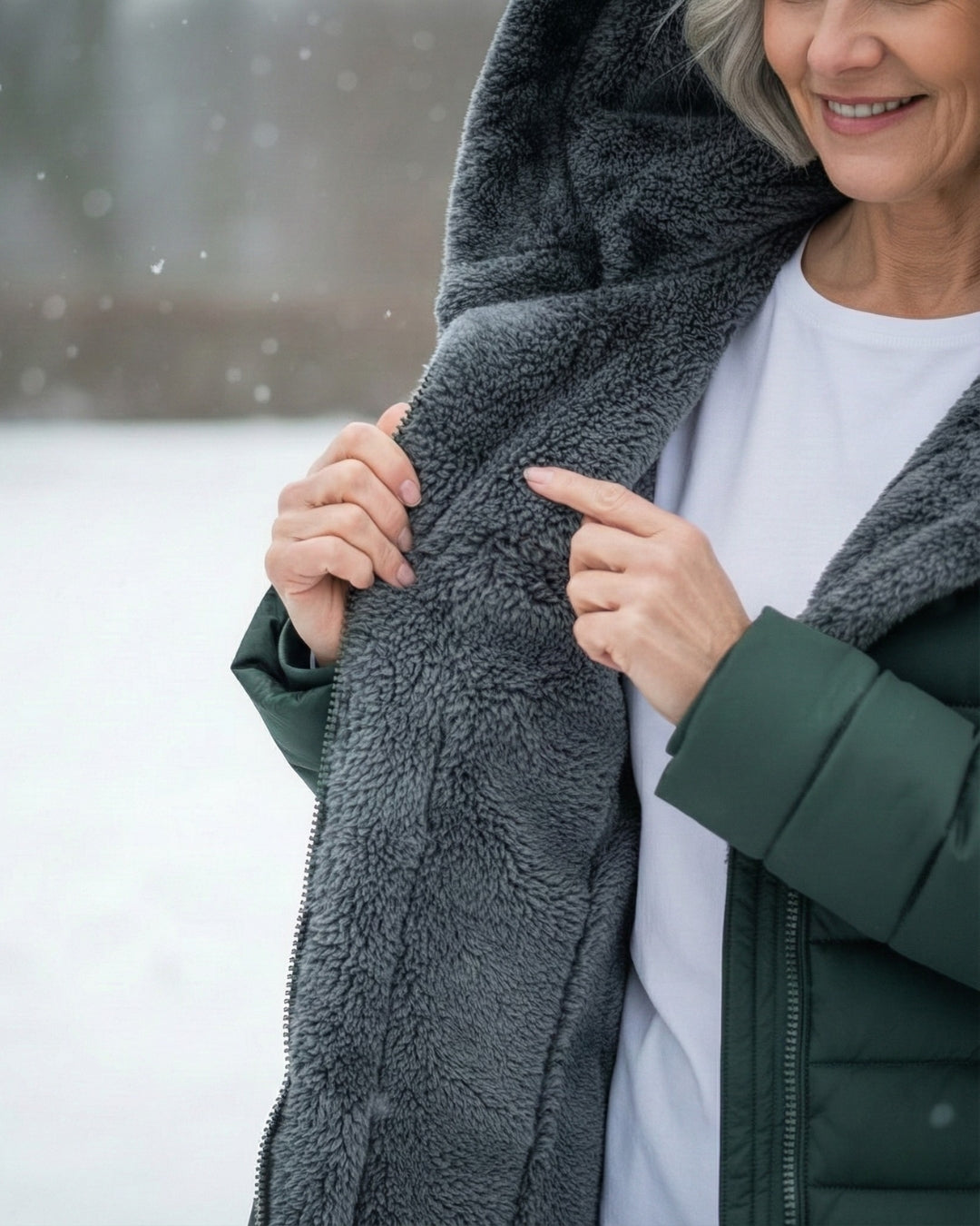 Woman wearing a dark green longline puffer coat with a cozy grey fleece-lined hood and interior in snowy weather.