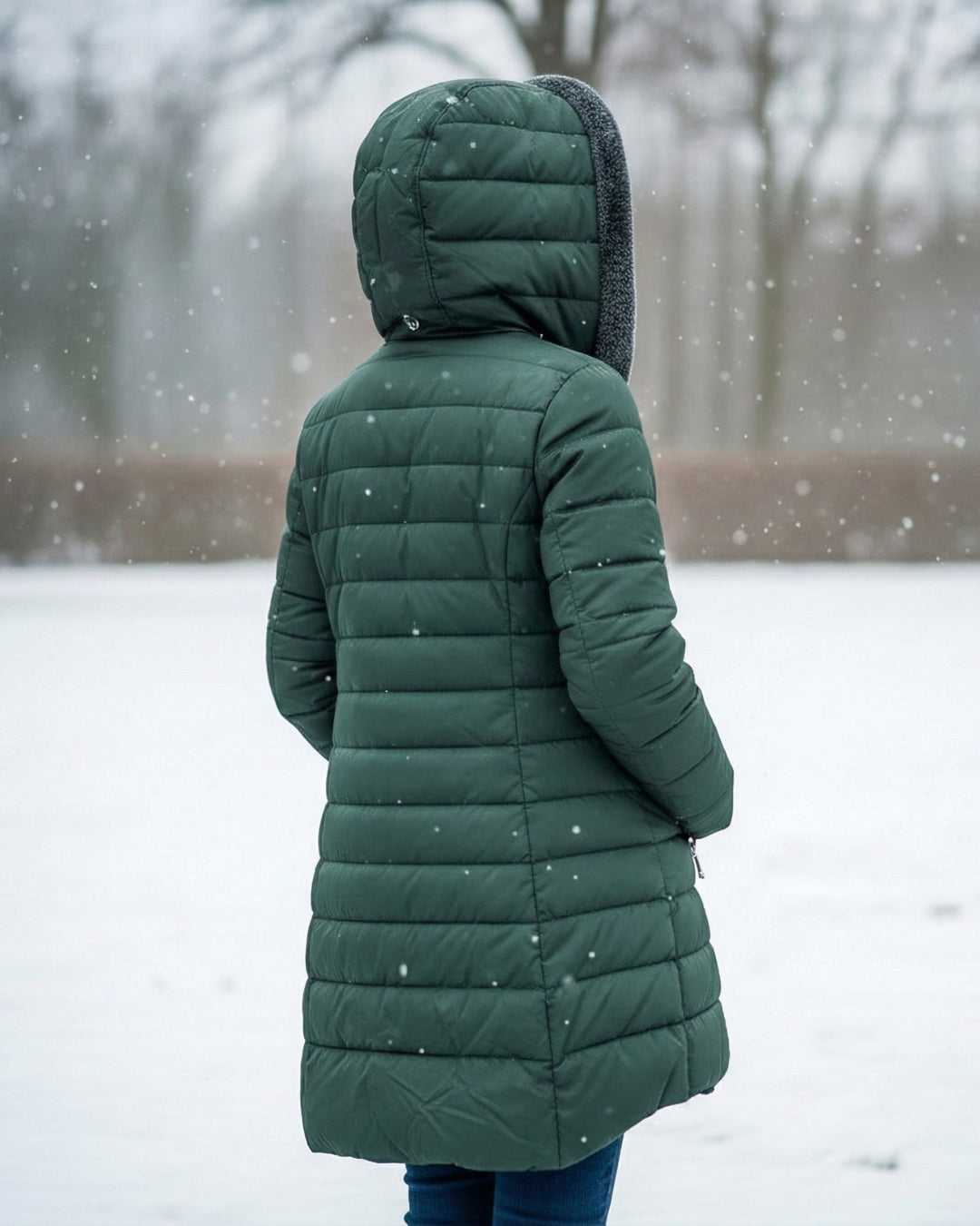 Woman wearing a dark green, longline quilted puffer coat with a cozy fleece-lined hood in a snowy outdoor setting.