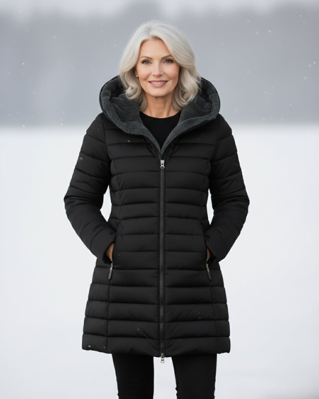 Woman wearing a black longline quilted puffer coat with a cozy fleece-lined hood in a snowy outdoor setting.