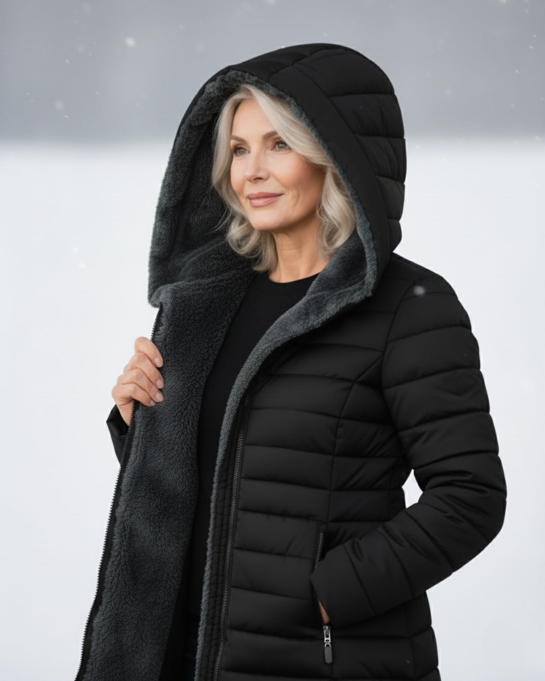 Woman wearing a black longline quilted puffer coat with a cozy grey fleece-lined hood in snowy weather.