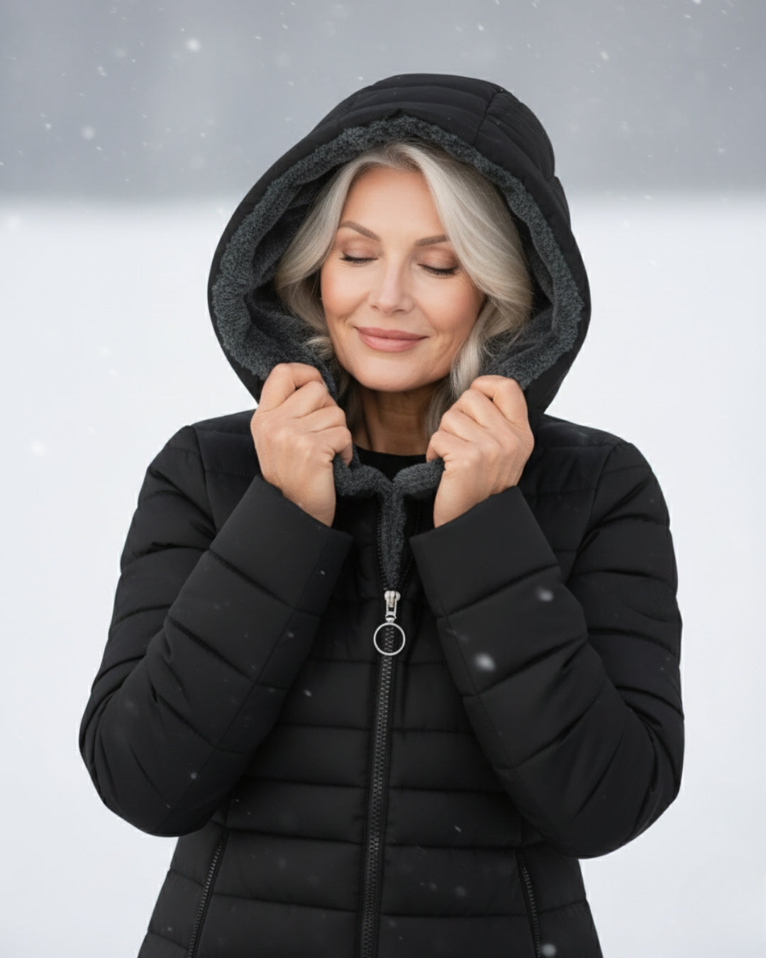 Woman wearing a black longline puffer coat with a cozy grey fleece-lined hood in snowy weather.