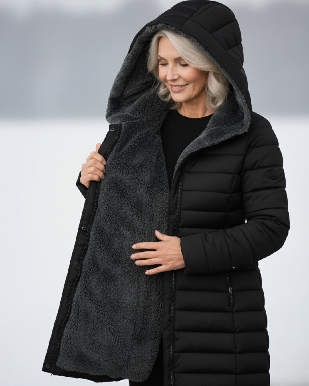 Woman wearing a black longline puffer coat with a cozy grey fleece-lined hood and interior in a snowy setting.