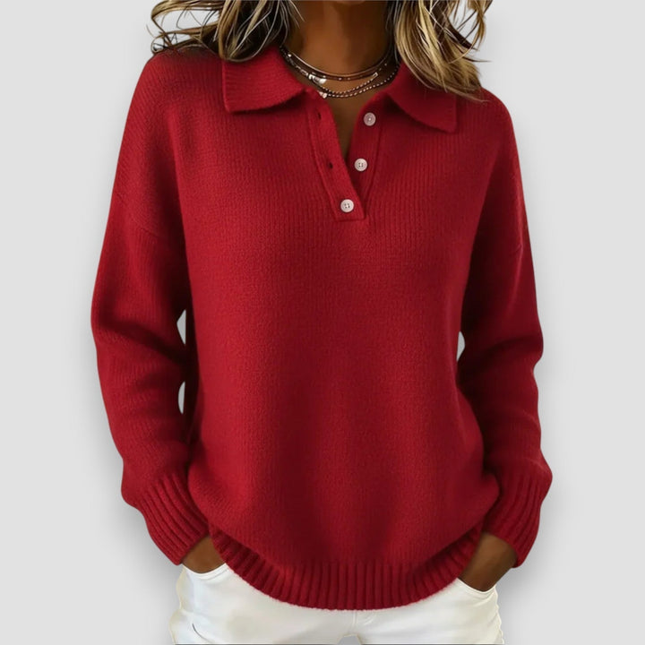 Red relaxed-fit knit jumper featuring a collared polo neckline, button placket, and ribbed cuffs and hem.