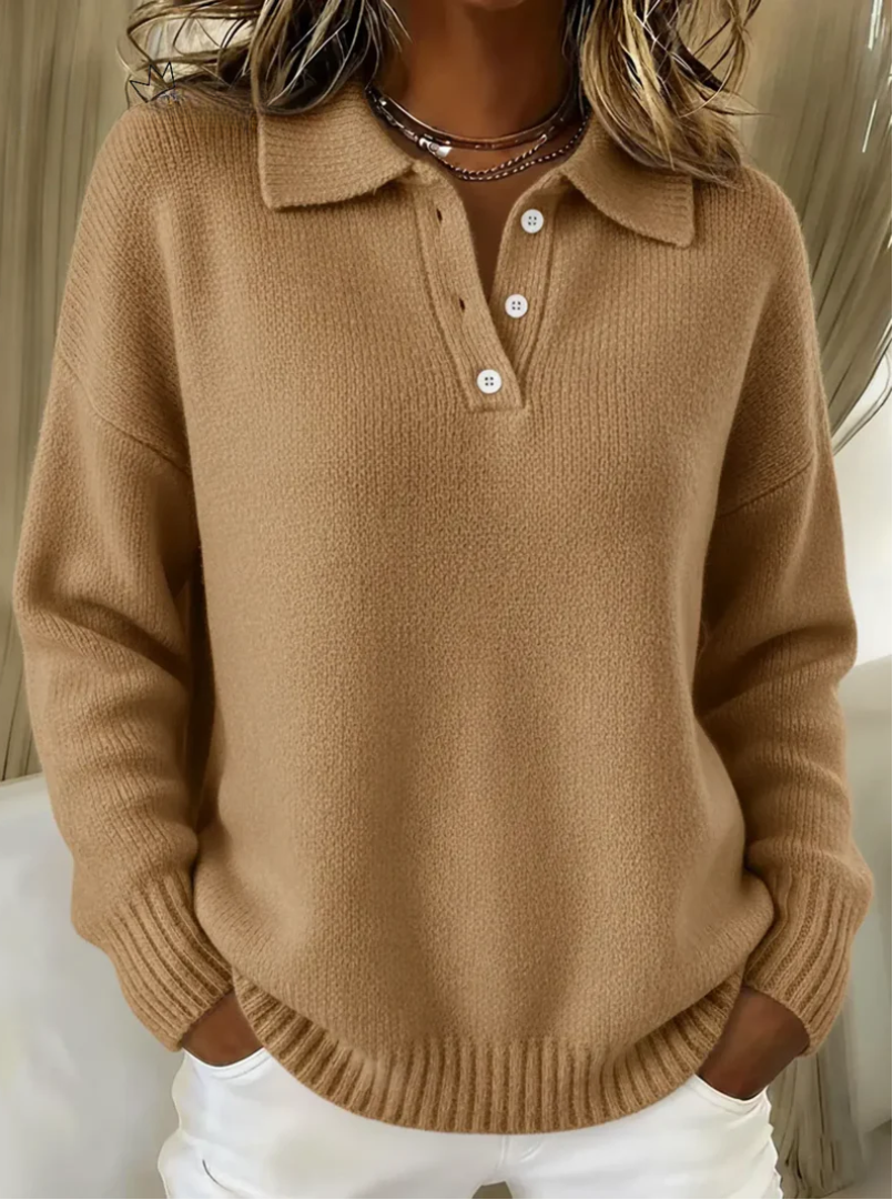 Camel-colored relaxed knit polo jumper with a collared neckline, button placket, and ribbed cuffs and hem.