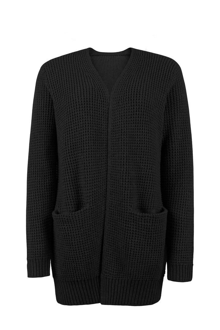 Black waffle-knit cardigan with an open front, collarless design, and convenient side pockets for a relaxed, cozy fit.