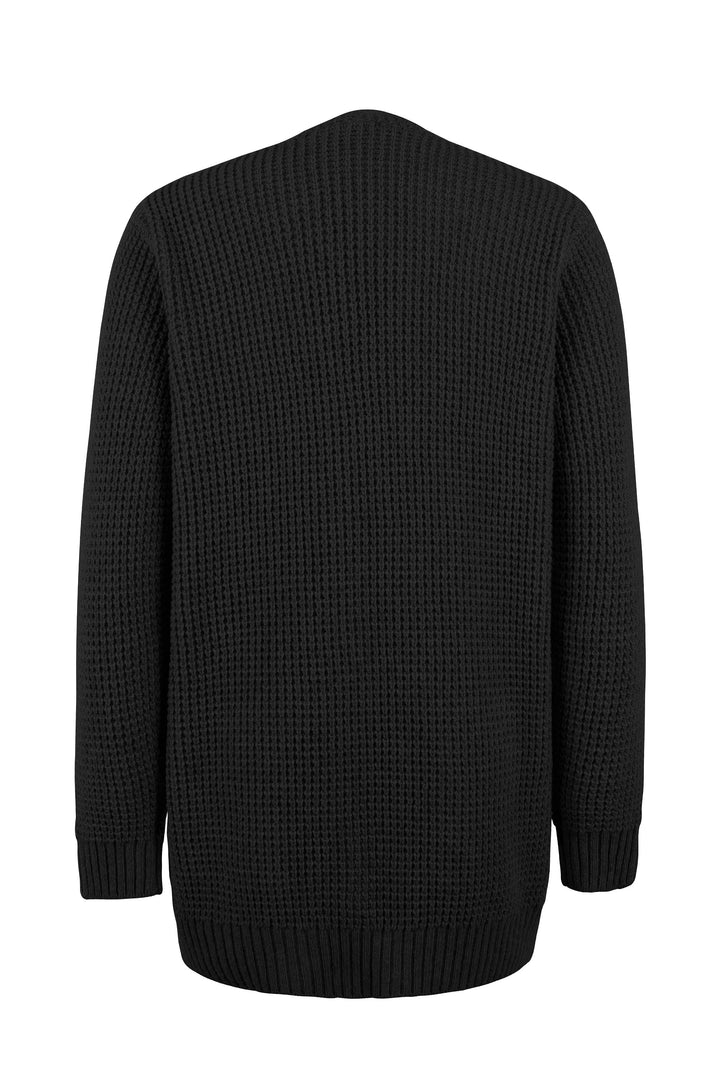 Back view of a black Freddie waffle-knit cardigan featuring a relaxed, collarless fit and ribbed hem for cozy layering.