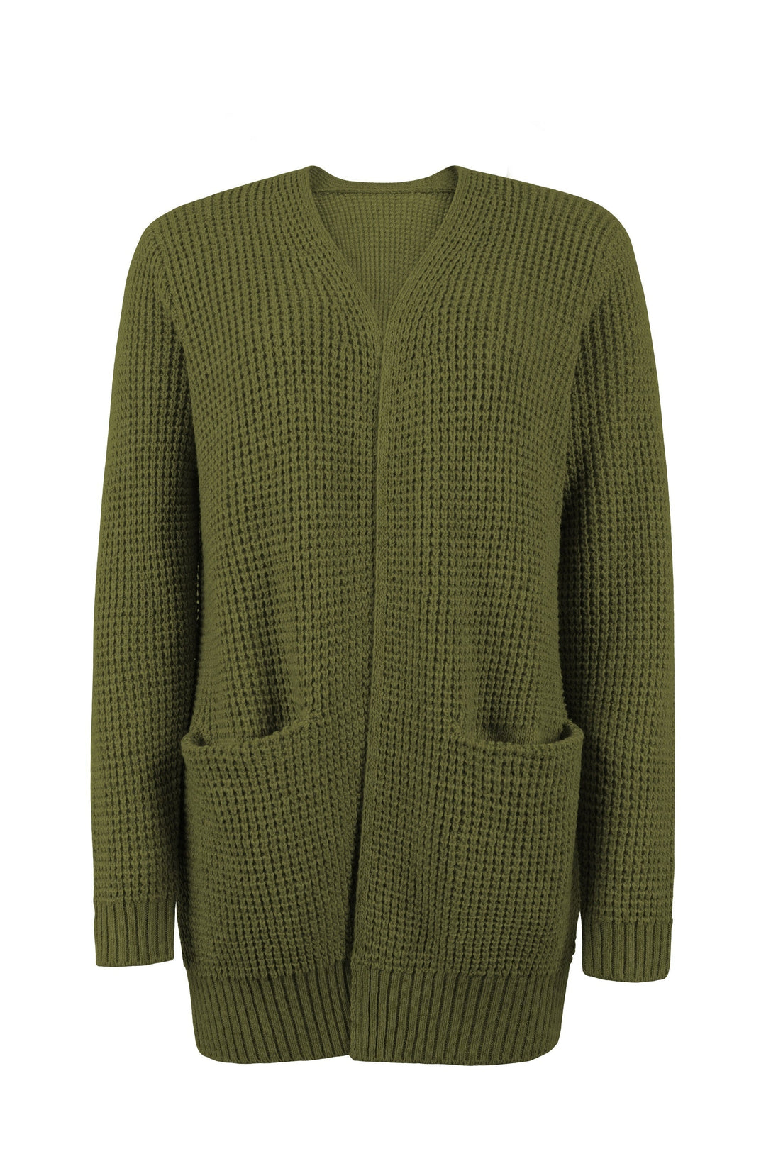 Olive green open-front waffle-knit cardigan with a relaxed fit, collarless neckline, and practical side pockets.