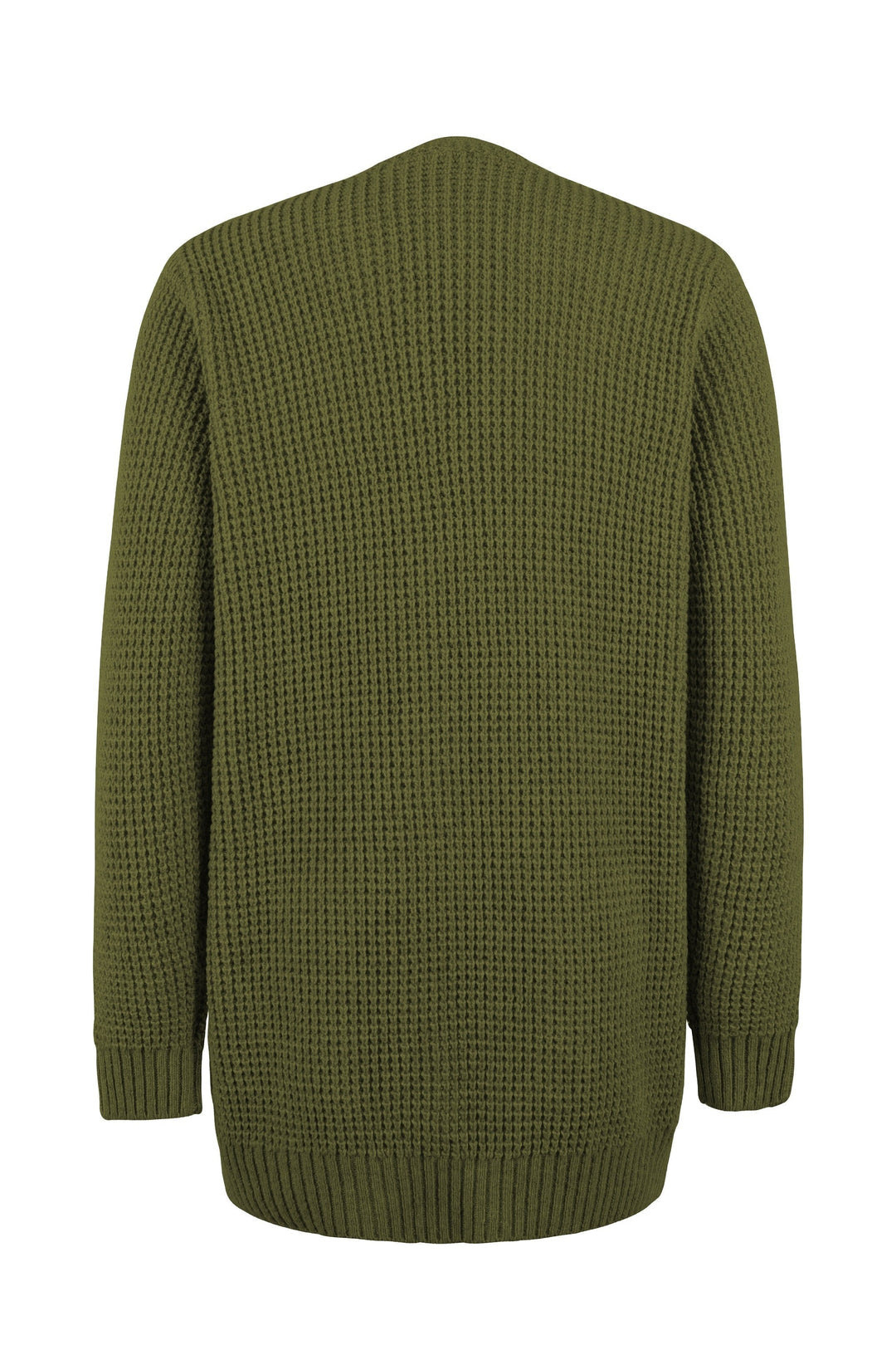 Back view of a cosy olive green waffle-knit cardigan with a relaxed fit and ribbed hem and cuffs.
