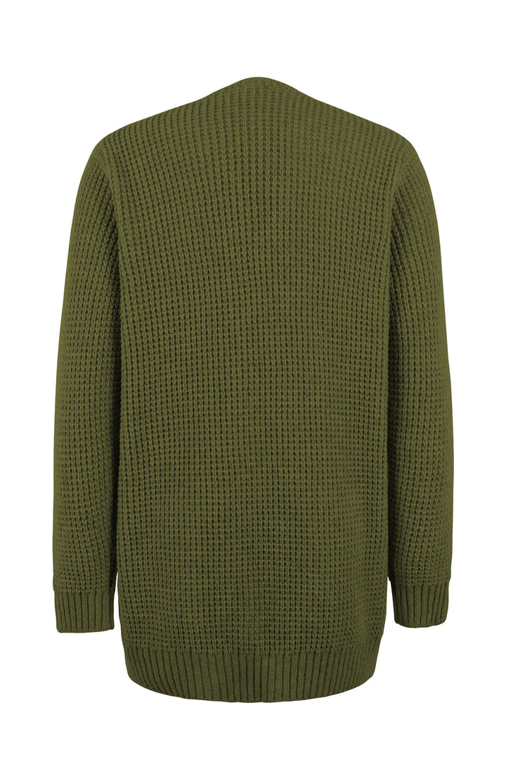 Back view of a cosy olive green waffle-knit cardigan with a relaxed fit and ribbed hem and cuffs.