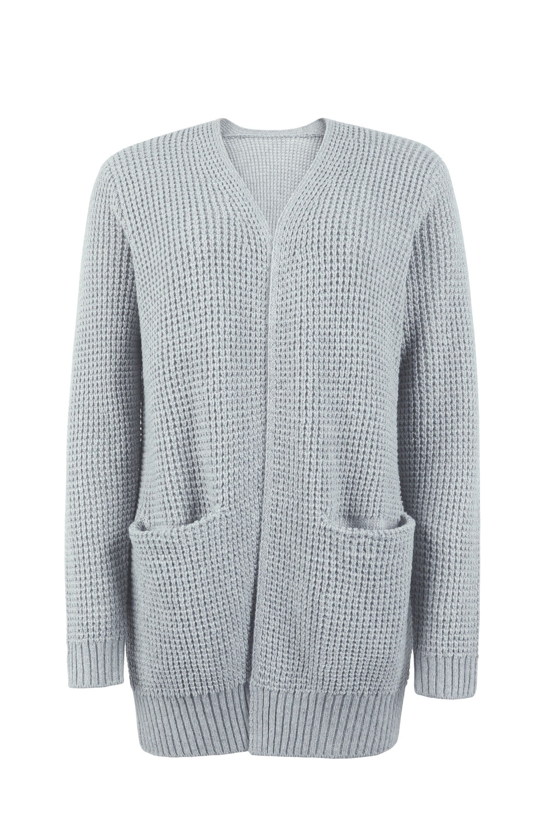 Light grey waffle-knit cardigan with an open collarless front, relaxed fit, and convenient side pockets.