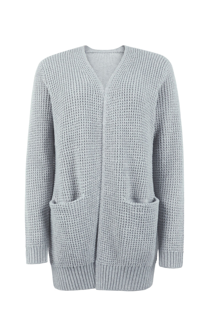 Light grey waffle-knit cardigan with an open collarless front, relaxed fit, and convenient side pockets.