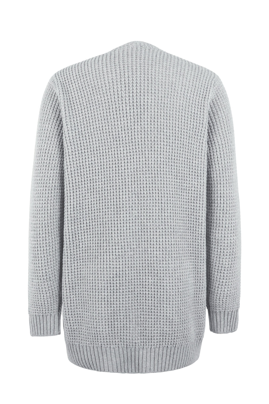 Back view of a cosy grey waffle-knit cardigan with a relaxed fit and ribbed hem, perfect for effortless layering.