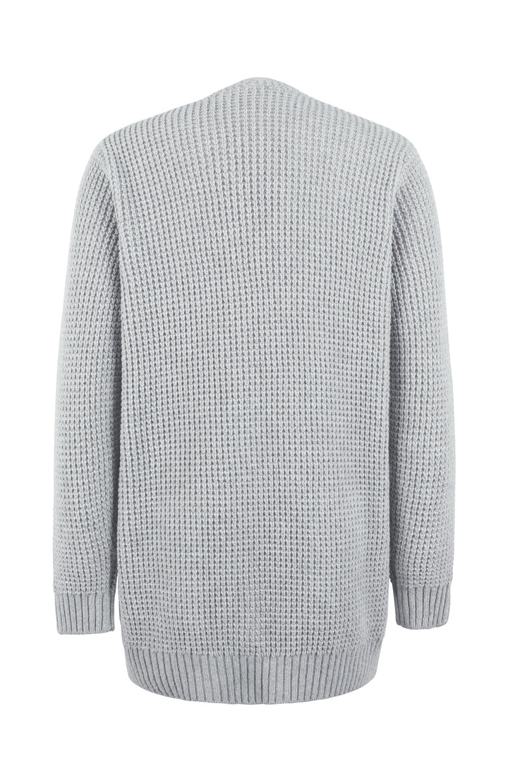 Back view of a cosy grey waffle-knit cardigan with a relaxed fit and ribbed hem, perfect for effortless layering.