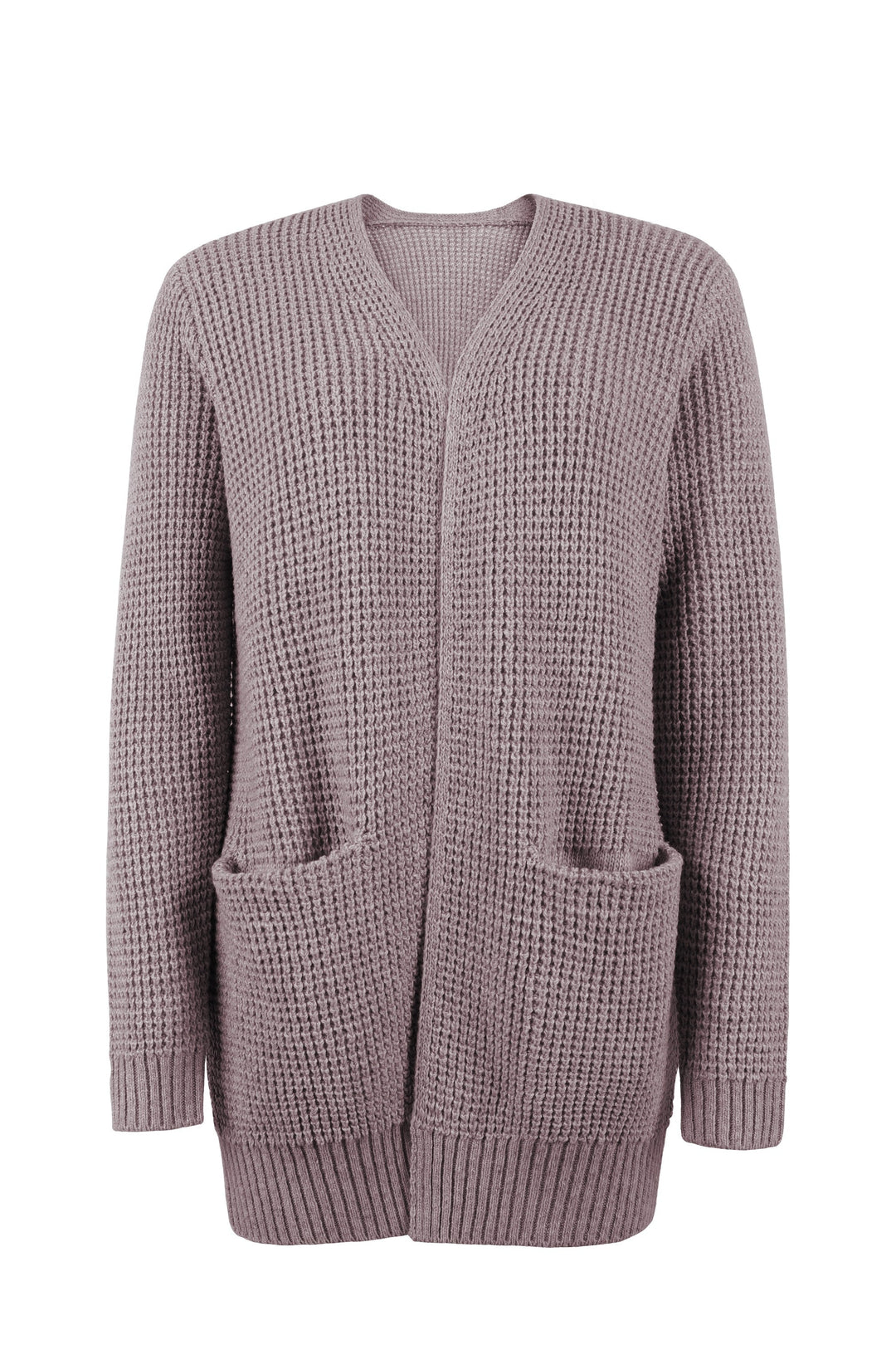Cosy mauve waffle-knit cardigan with an open front, relaxed fit, and practical side pockets.