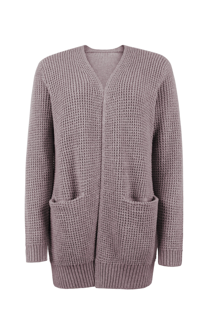 Cosy mauve waffle-knit cardigan with an open front, relaxed fit, and practical side pockets.