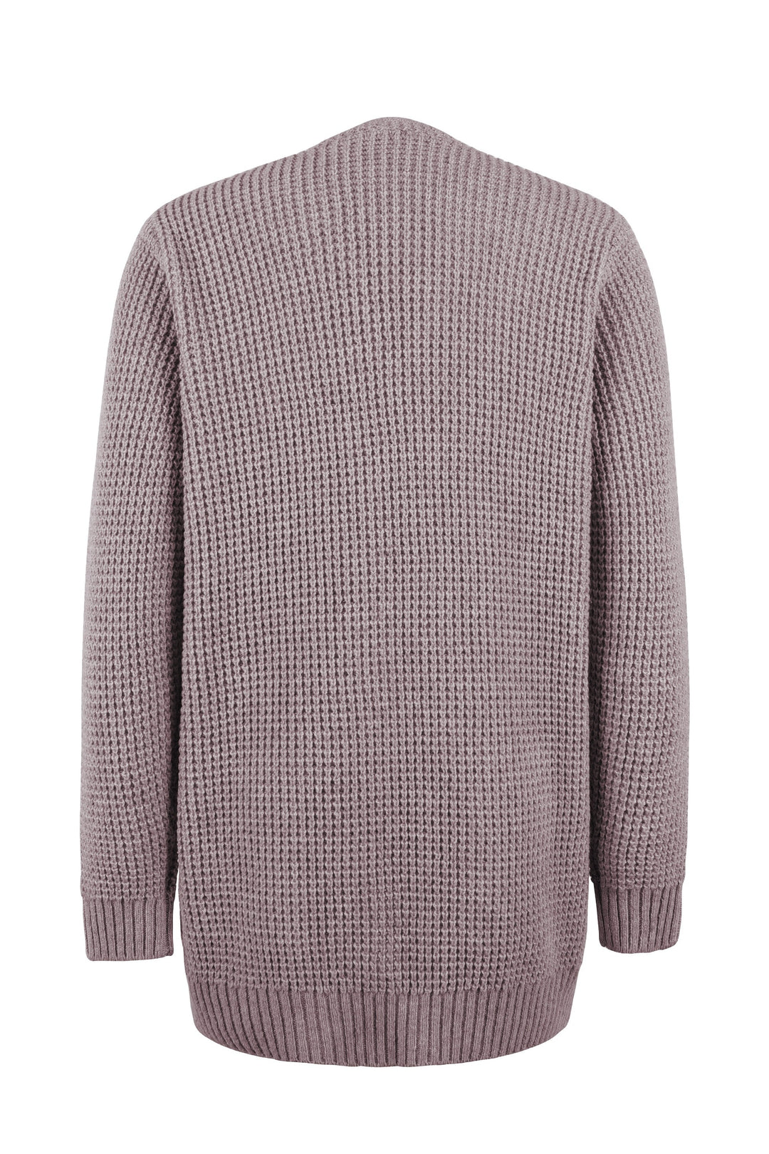 Back view of a cosy mauve waffle-knit cardigan with a relaxed fit, long sleeves, and ribbed hem detailing.