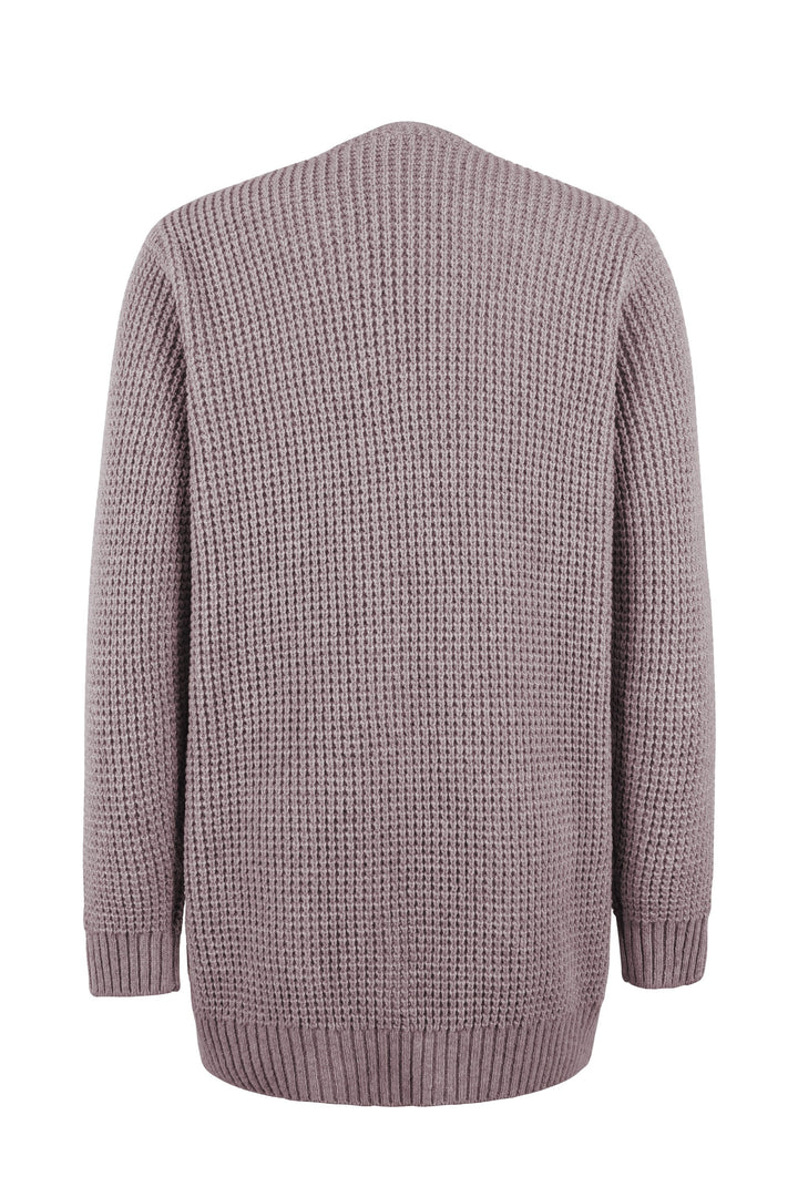 Back view of a cosy mauve waffle-knit cardigan with a relaxed fit, long sleeves, and ribbed hem detailing.