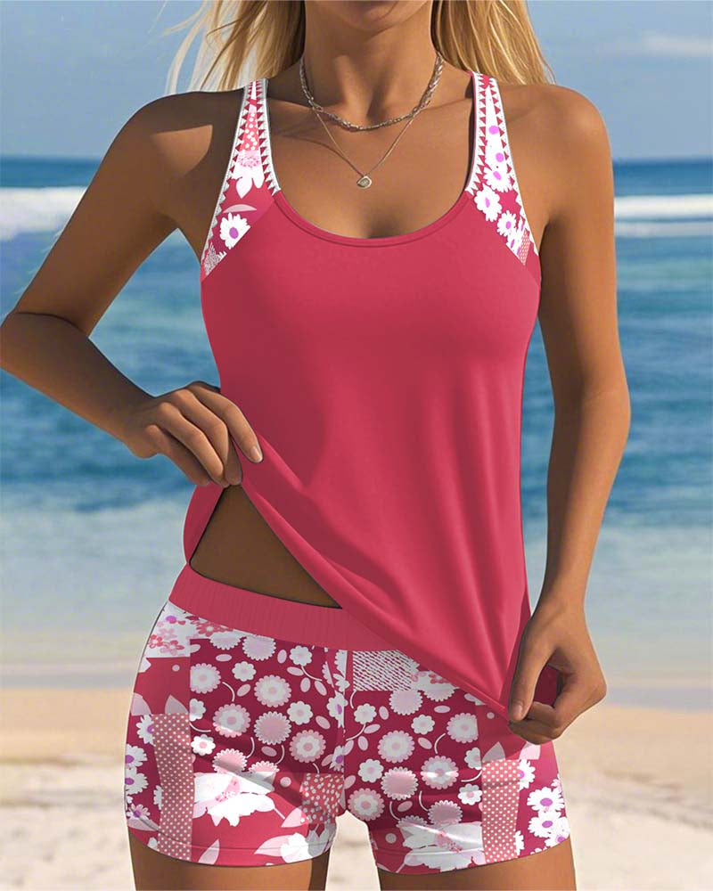 Freya women's floral tankini with a sleeveless scoop-neck top and coordinating floral print shorts.