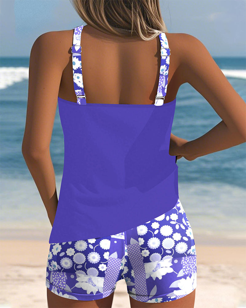 Freya women's purple tankini with floral print shorts, perfect for easy swim coverage.