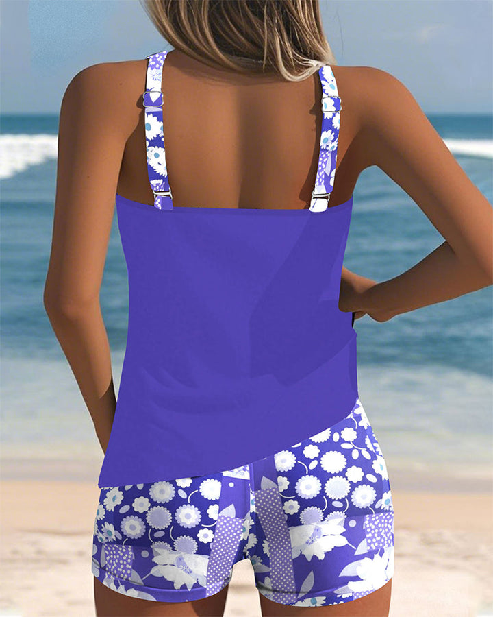 Freya women's purple tankini with floral print shorts, perfect for easy swim coverage.