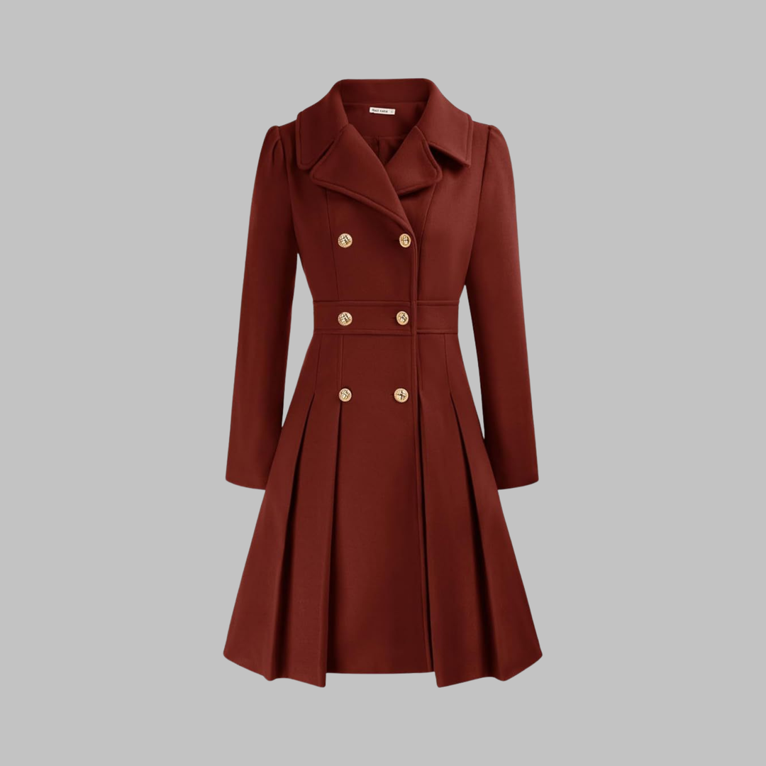Burgundy double-breasted fit-and-flare coat with gold buttons, notch lapels, and a pleated skirt hem.