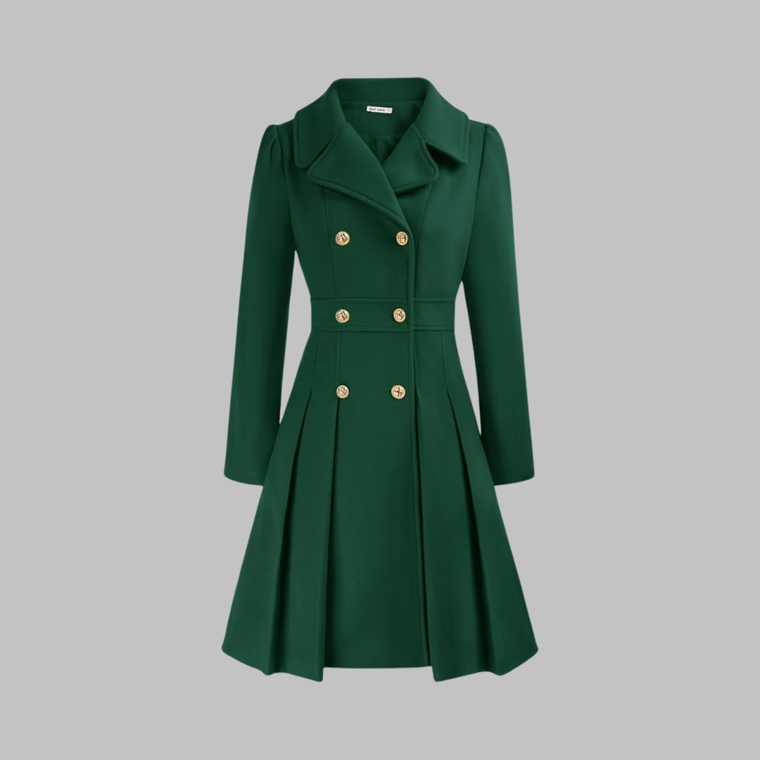 Dark green double-breasted fit-and-flare coat with gold buttons, notch lapels, and a pleated skirt hem.