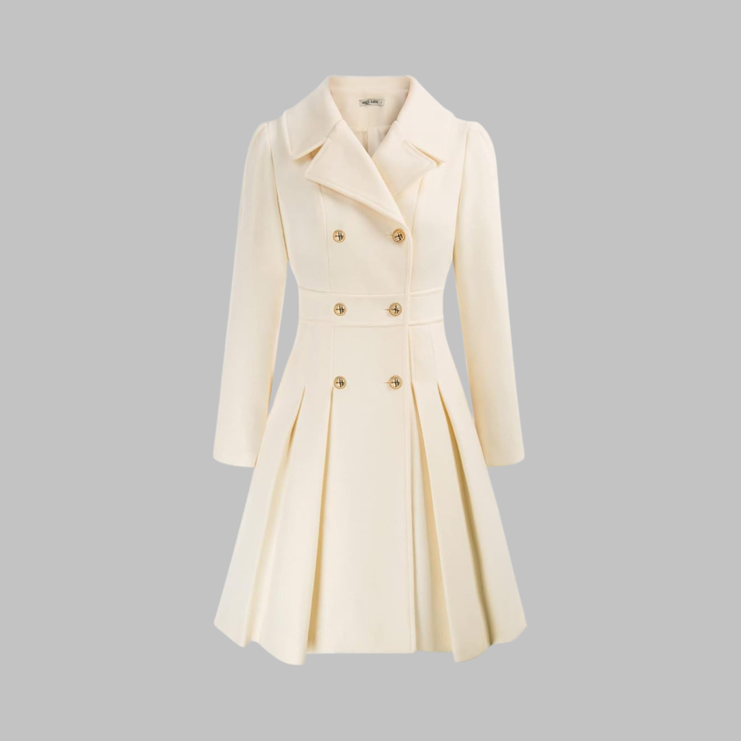 Cream double-breasted fit-and-flare coat with gold buttons, notch lapels, and a pleated skirt hem.