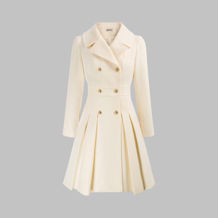 Cream double-breasted fit-and-flare coat with gold buttons, notch lapels, and a pleated skirt hem.