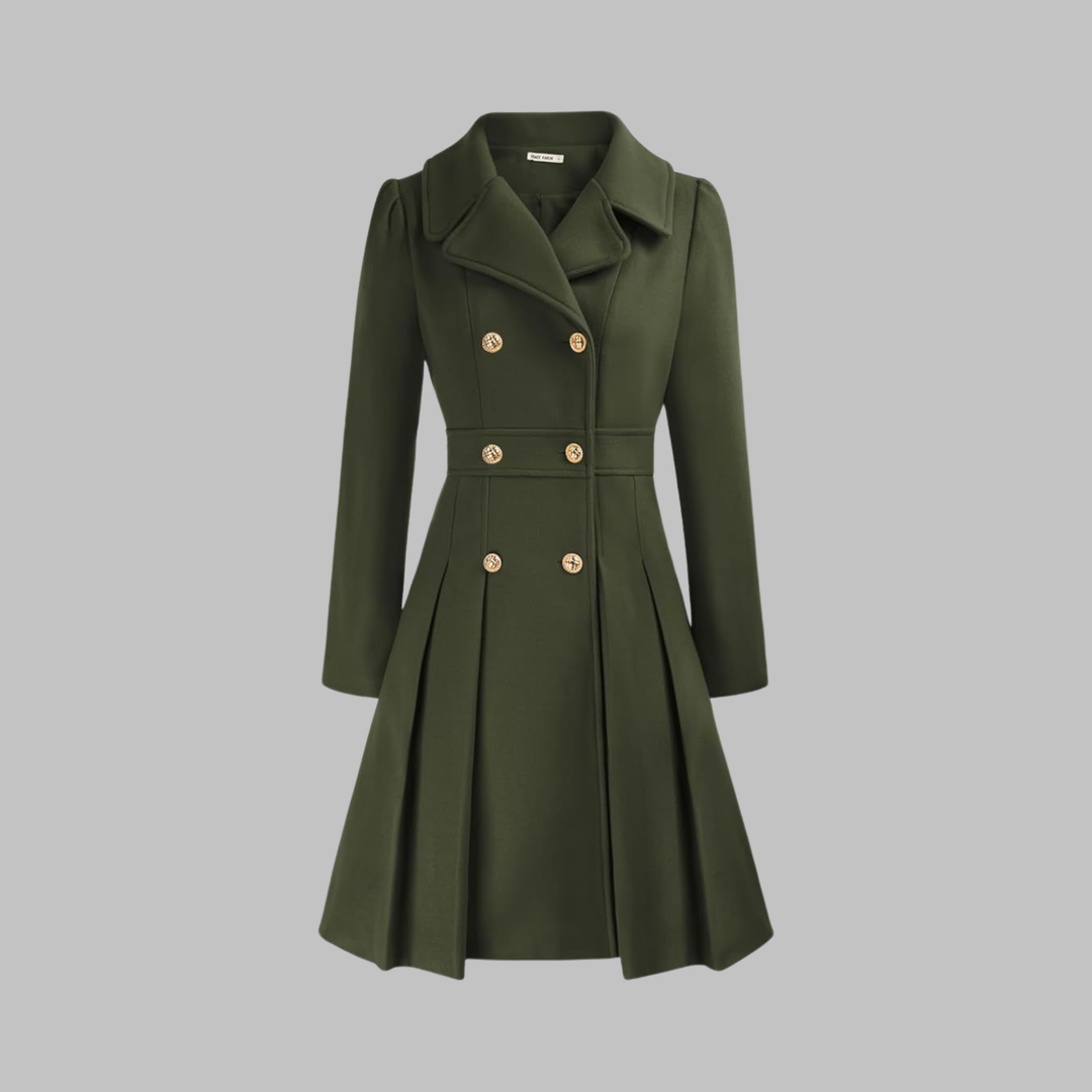 Dark olive green double-breasted coat with gold buttons, notch lapels, and a pleated fit-and-flare silhouette.
