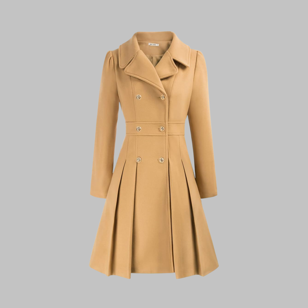 Camel double-breasted fit-and-flare coat with gold buttons, notch lapels, and a pleated skirt hem.
