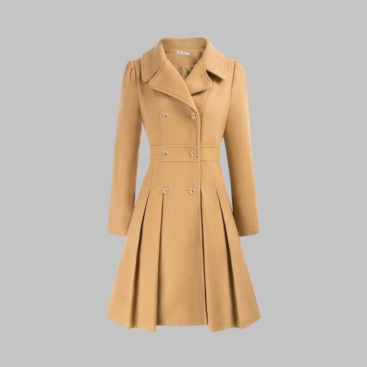 Camel double-breasted fit-and-flare coat with gold buttons, notch lapels, and a pleated skirt hem.
