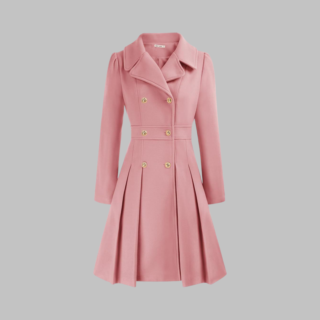 Dusty pink double-breasted coat with a fitted bodice, notch lapels, and a pleated flared skirt featuring gold-tone buttons.