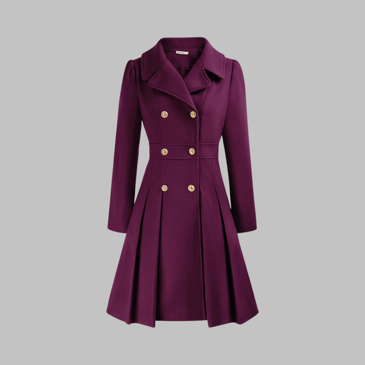 Deep purple double-breasted coat with gold buttons, notch lapels, and a pleated fit-and-flare silhouette.