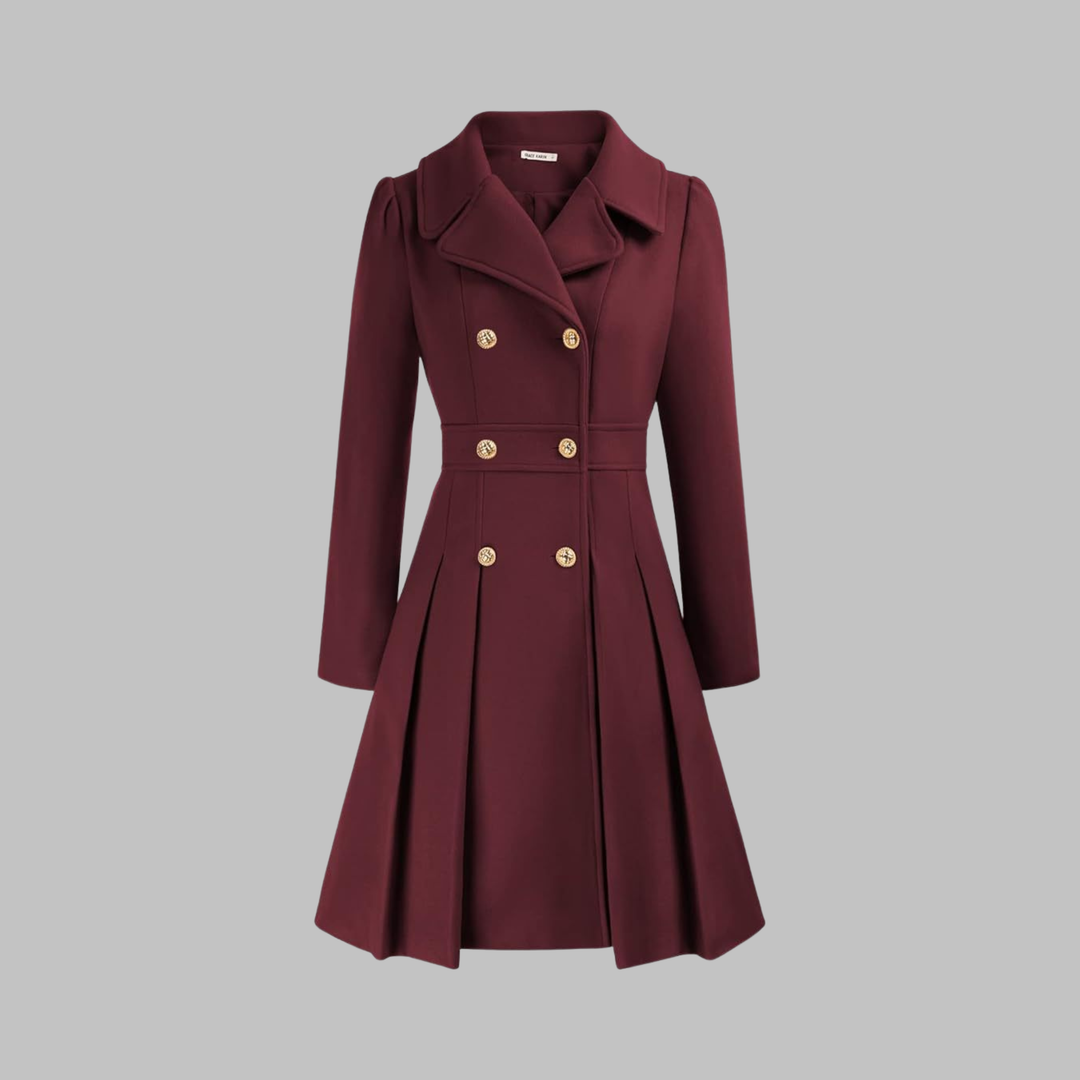 Burgundy double-breasted fit-and-flare coat with gold buttons, notch lapels, and a pleated skirt hem.