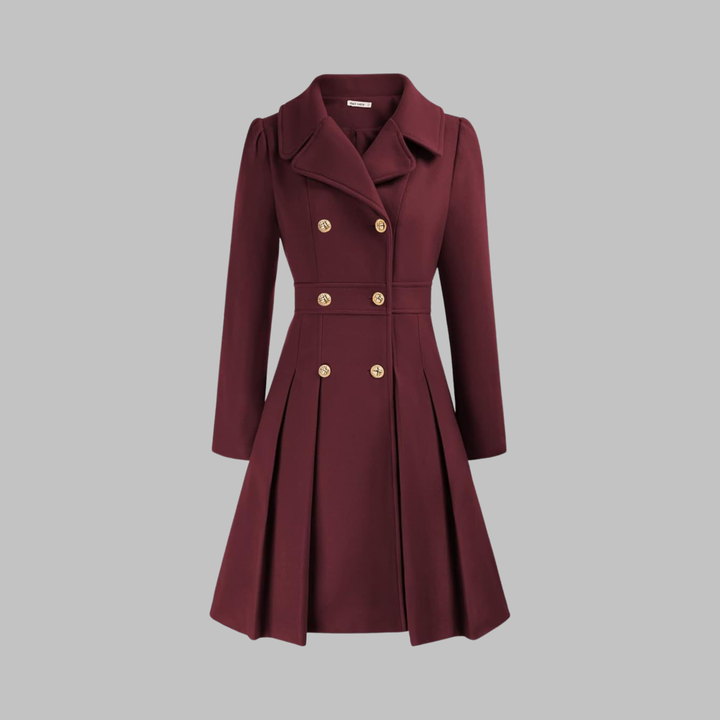 Burgundy double-breasted fit-and-flare coat with gold buttons, notch lapels, and a pleated skirt hem.