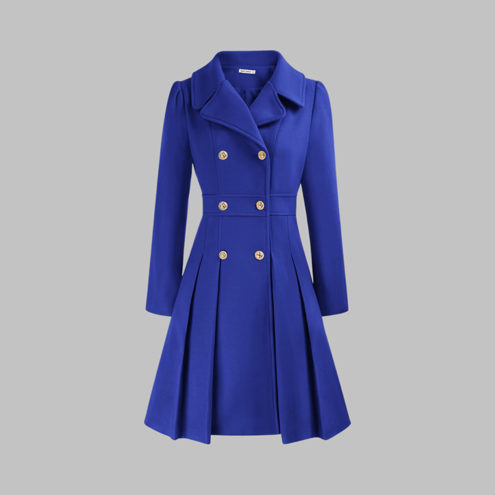 Royal blue double-breasted fit-and-flare coat with gold buttons, notch lapels, and a pleated skirt hem.