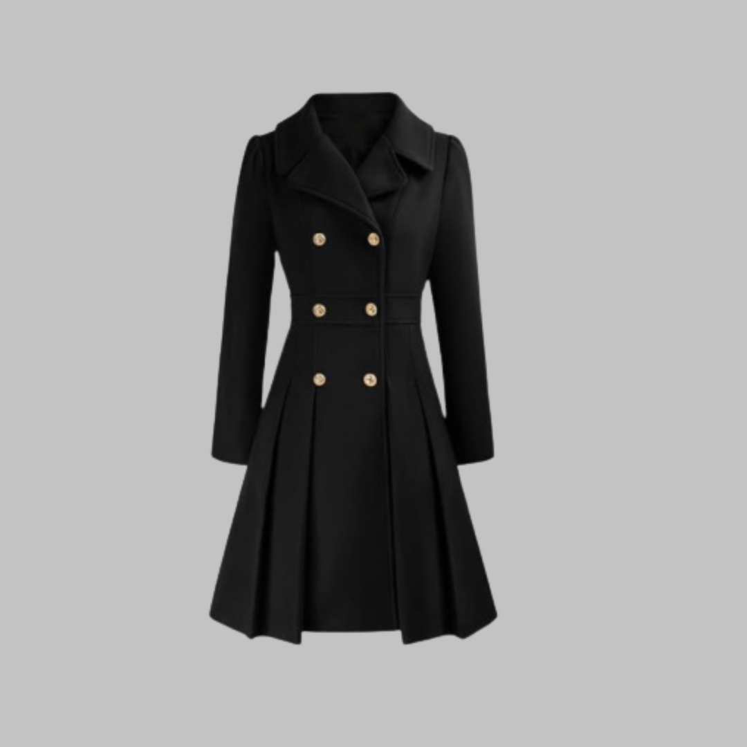 Black double-breasted fit-and-flare coat with gold buttons, a notch lapel, and a pleated skirt hem.
