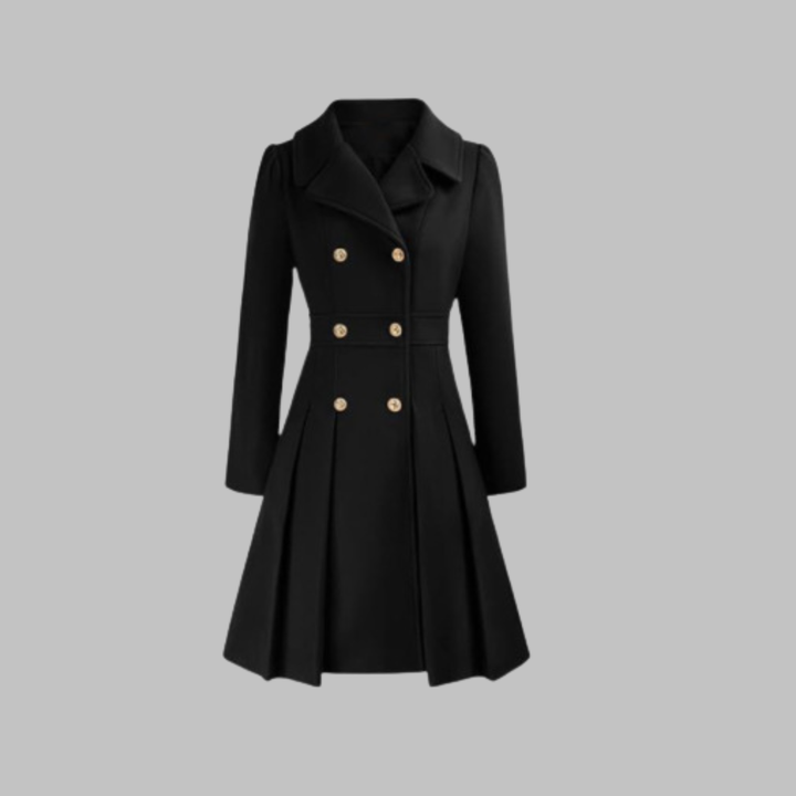 Black double-breasted fit-and-flare coat with gold buttons, a notch lapel, and a pleated skirt hem.