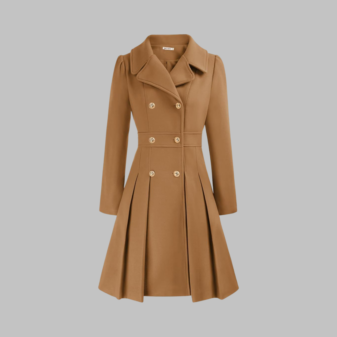 Tan double-breasted fit-and-flare coat with gold buttons, notch lapels, and a pleated skirt hem.
