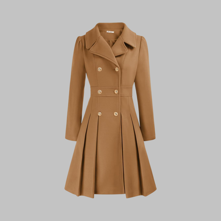 Tan double-breasted fit-and-flare coat with gold buttons, notch lapels, and a pleated skirt hem.