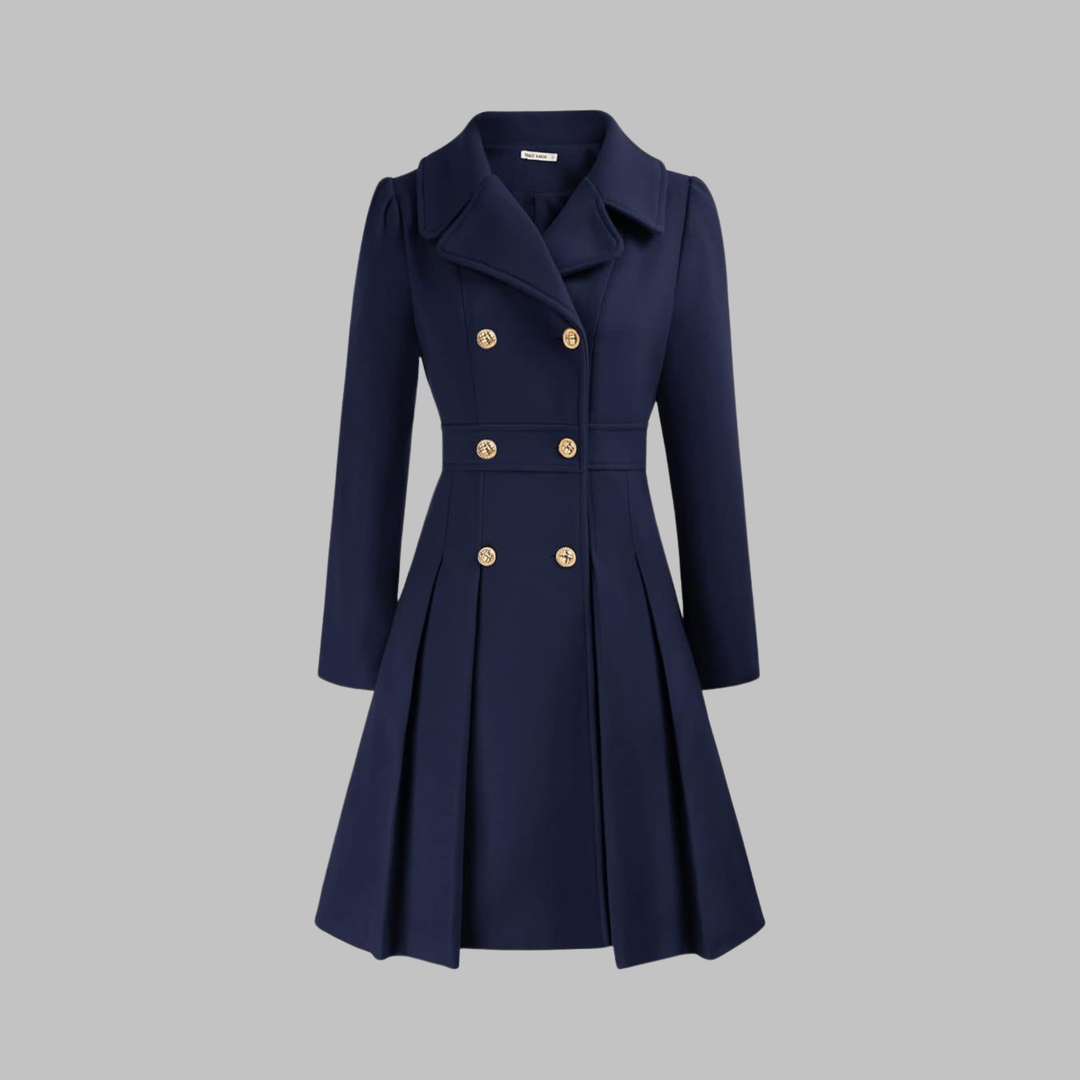 Navy blue double-breasted fit-and-flare coat with gold buttons, notch lapels, and a pleated skirt.