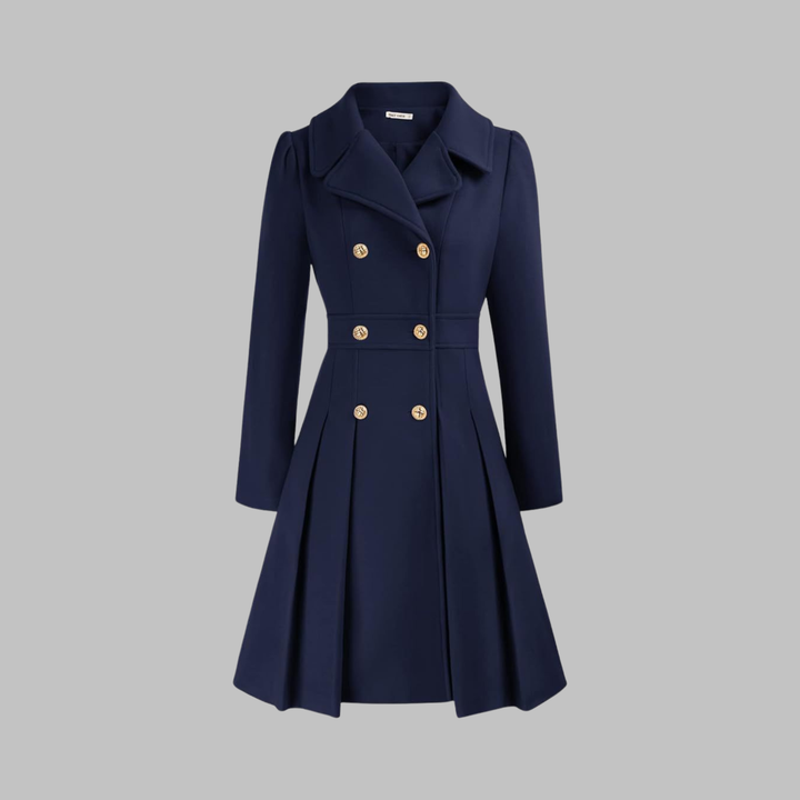Navy blue double-breasted fit-and-flare coat with gold buttons, notch lapels, and a pleated skirt.
